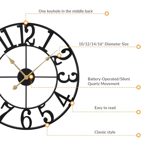 LEIKE Arabic Numeral Wall Clock 14IN Battery Operated Black, Silent Non Ticking, Wall Clocks for Living Room Decor, Small Classic for School, Office, Home, Kitchen, Bedroom - color: Black Metal-arabic, size: 14in