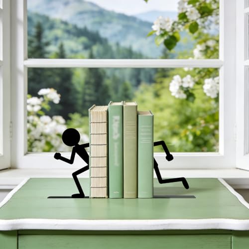 Metal Bookends Running People Book Ends for Shelves - color: Black - 1 Pair Running People