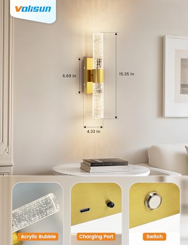 VOLISUN Battery Operated Wall Sconces Set of Two,Gold Sconces Wall Decor Set of 2,Wireless Wall Sconces with Remote,Rechargeable Wall Light for Living Room,Bedroom,Bathroom,Vanity (15.3 inch) - color: Gold