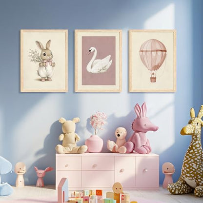 Hianan Wood Framed Pink Cute Bunny Nursery Wall Art Set of 3, 12x16 in - color: Bunny(Wood), size: 16"L x 12"W