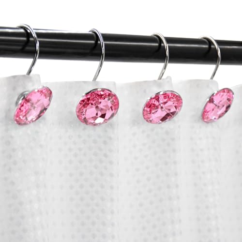 Crystal Diamond Round Shower Curtain Hooks Rings for Bathroom,Pink,12PCS - color: Pink