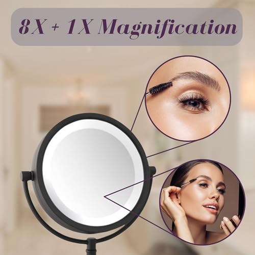 JERDON Tabletop Makeup Mirror with Lights - 1X/8X Magnification - Black 8.5" Vanity Mirror - Model HL8808BKL - color: Black