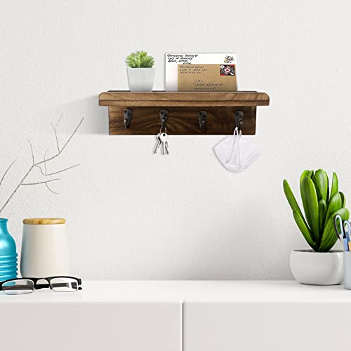 Key Holder Wall Mount, Farmhouse Wall Shelf with 4 Hooks for Entryway - color: Brown