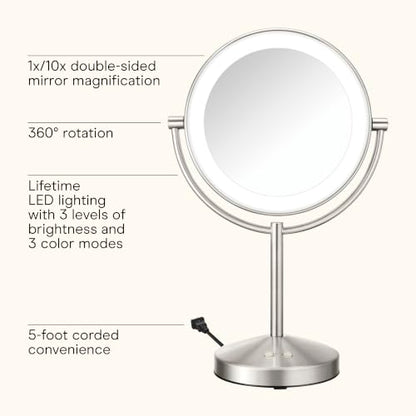 Conair LED Vanity Mirror, Double-Sided, 10x Magnification, Satin Nickel, 16" L x 10.3" W (Pack of 2) - color: Satin Nickel, size: 16"L x 10.3"W (Pack of 2)