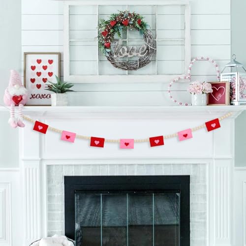 DAZONGE Retro Valentines Day Decor, Felt Envelope Wood Bead Valentines Garland Banner, Valentine’s Day Banner for Wedding, Anniversary Decor - color: Pink & Red