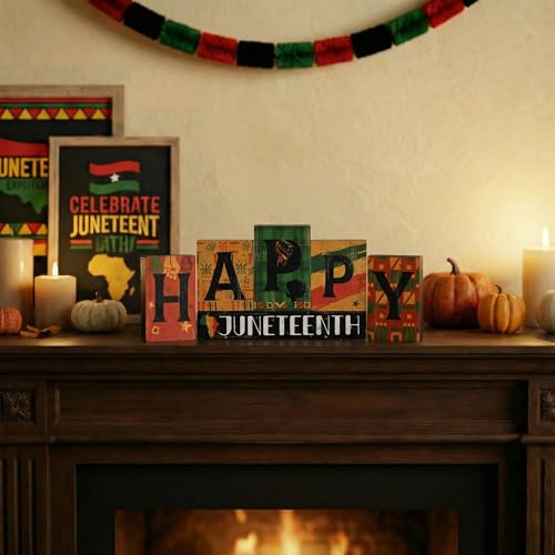 Smile Juneteenth HAPPY Wooden Desktop Decor - 6 Piece African American Black Pride Table Signs - Home Office Shelf Accents - Black History Month Gifts for Men, Women - style: Letter Juneteenth