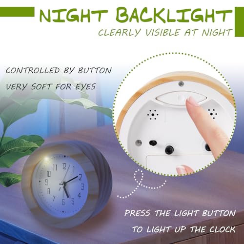 Wooden Analog Alarm Clock Silent Non-Ticking Desk Clock Battery Operated Table Clock with Nightlight for Bedroom,Children's Room, Living Room,Natural(4Inch) - color: Natural Wood