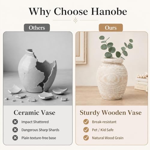 Hanobe Solid Wood Vase for Dried Flowers, 9" Decorative Table Vase