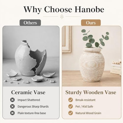 Hanobe Solid Wood Vase for Dried Flowers, 9" Decorative Table Vase
