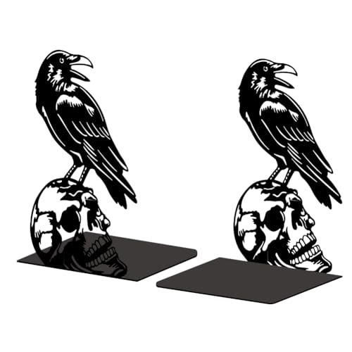 Peacoblue 5.3"x4.3"x7.4" Metal Bookends, Heavy Duty Book Ends for Shelves - style: Crow and Skull
