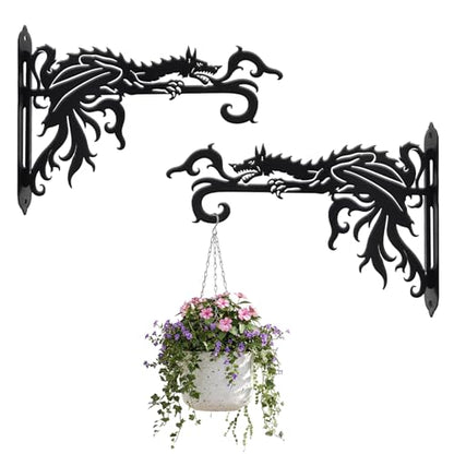 2 Pack-10inch Gothic Dragon Metal Wall Brackets for Hanging Plants, Outdoor Indoor Decorative Hooks for Hanging Plants, Bird Feeder, Wind Chime, Lantern （Lantern NOT Included）