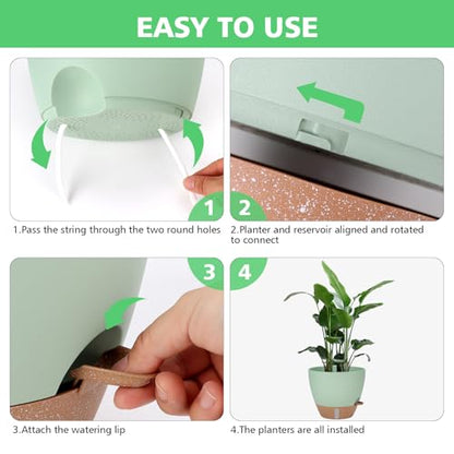 Self Watering Planter for Indoor Plants, 12" 10" 9" 8" Plastic Large Flower Pot Set with Water Level Indicator Deep Reservoir Saucer, Big House Bottom Watering Plant Pots with Drainage Hole - Green - color: Green