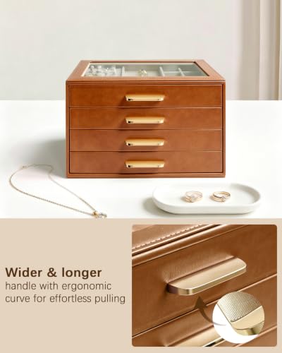 Homeanda Jewelry Boxes Organizer with Glass Lid, 4-Layer PU Leather, Brown - color: Brown, size: 4 Layer