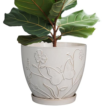 MPotTo 10 Inch Plant Pot, Ceramic Planter Pot, White - color: Butterflies and Flowers White