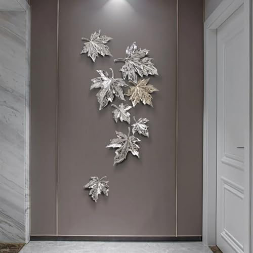 homary Wall Decor Set – 8 Pieces 3D Resin Maple Leaf Wall Art, Nature-Inspired Hanging Sculptures for Living Room, Bedroom, Dining Room, or Hallway - color: Gold & Silver