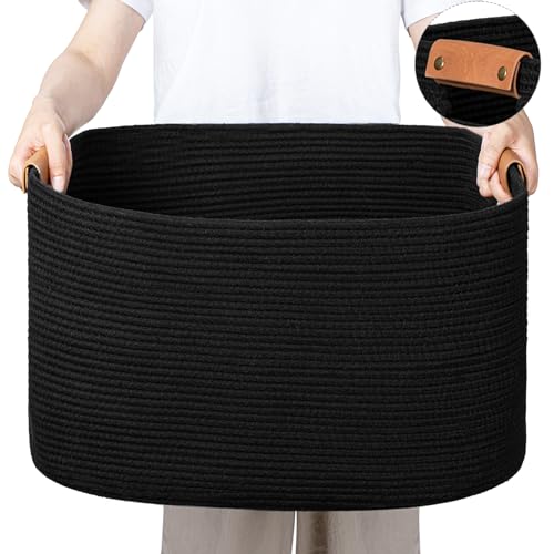 danpinera Large Blankets for Living Room, 72 L Woven Cotton Rope Baskets for Storage, Organizing Kids Toys & Dog Toys, Large Basket Organizer for Nursery, Bedroom, Bathroom, 22’’*17’’*11.8’’ Black - color: Black, size: 72L