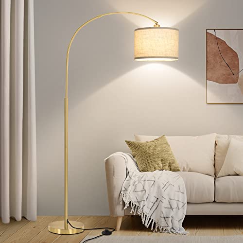 Gold Floor Lamp, Arc Floor Lamp for Living Room with Adjustable Drum Lampshade, Modern Tall Standing Lamp with On/Off Foot Switch, Over Couch Arched Reading Light for Reading, Bedroom, Office - color: Gold