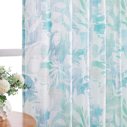 Aqua Blue and White Semi Sheer Linen Curtains 55x84" Boho Floral Print 2pcs - color: Gromme Top- Semi Sheer- Aqua Blue, size: 55"W x 84"L (Pack of 2)