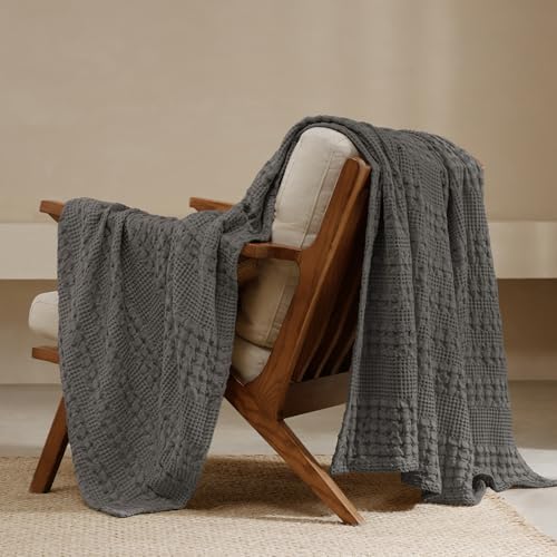 PHF Lightweight 100% Cotton Waffle Throw Blanket for Couch, Charcoal Grey - color: 13 Charcoal Grey, size: Throw(50"x60")
