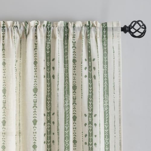 Green Boho Linen Curtains for Living Room 63 Inch Length 2 Panels - color: Green, size: 52"W x 63"L (Pack of 2)