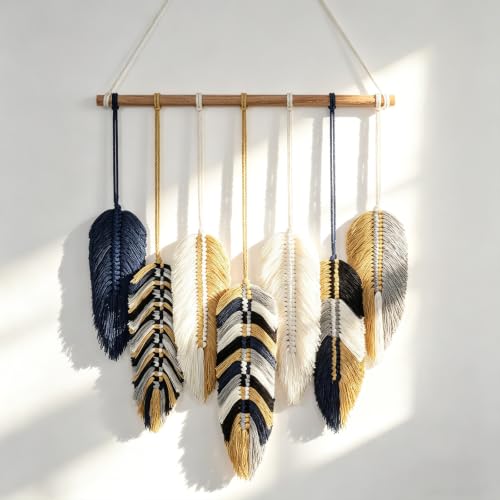 Betylifoy Macrame Wall Hanging Tapestry Boho Leaf Feather Wall Decor - color: Blue Yellow