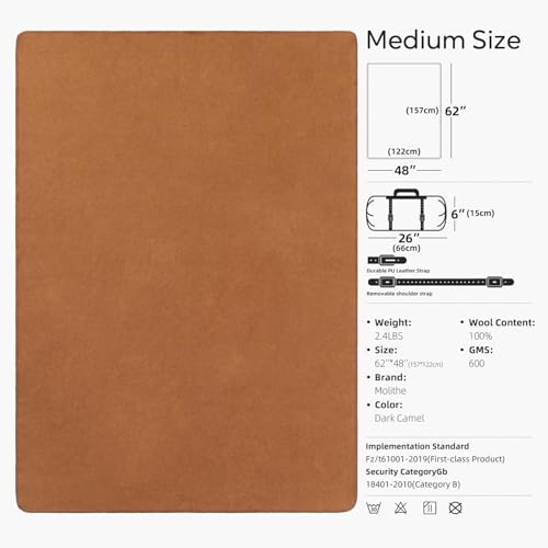 Molithe 100% Wool Blanket, 62" x 48", Warm, Thick, Military, Camping Gear - color: Dark Camel, size: Medium