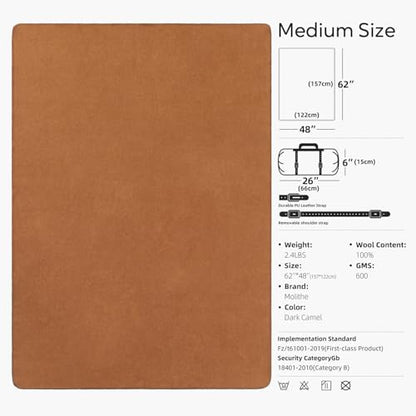 Molithe 100% Wool Blanket, 62" x 48", Warm, Thick, Military, Camping Gear - color: Dark Camel, size: Medium
