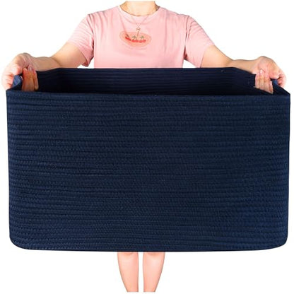 MINTWOOD Design 22in Extra Large Blanket Basket Holder Living Room, Rectangle Rope Woven Storage Basket with Handles for Laundry, Pool Towels, and Shoes, Dog Toy Organizer Bin Box, Full Navy - color: Full Navy Blue
