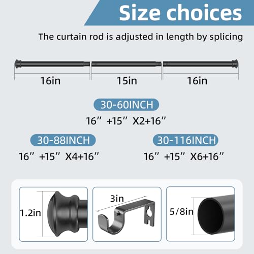 CorkLatta Black Curtain Rods for Windows 30 to 60 Inches with Brackets, Decorative 5/8 Inch Diameter Single Window Curtain Rod Set for Room Divider, Bedroom, Living room, Kitchen, Bathroom - color: Black, size: 30-60"