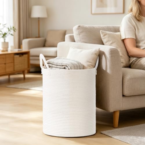 53L Tall Cotton Rope Laundry Basket with Handles, White - color: White, size: 53L