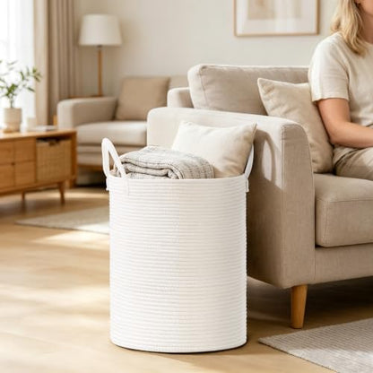 88L Large Tall Cotton Rope Laundry Basket with Handles, White - color: White, size: 88L