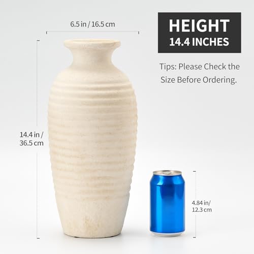 Vaseking Ceramic Natural Rustic Vase, 14.4 Inch Large Vintage Flower Threaded Decorative Farmhouse Tall Vase for Home Decor, Living Room, Shelf Decor, Wedding, Housewarming Gift, Off-White - color: Off-white