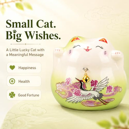 kcrygogo Green Maneki Neko Lucky Cat Figurine, Ceramic Japanese Fortune Cat Statue with Happiness Health Artwork and Red Cushion, Cute Good Luck Desk Shelf Table Decor Gift for Home Office Shop