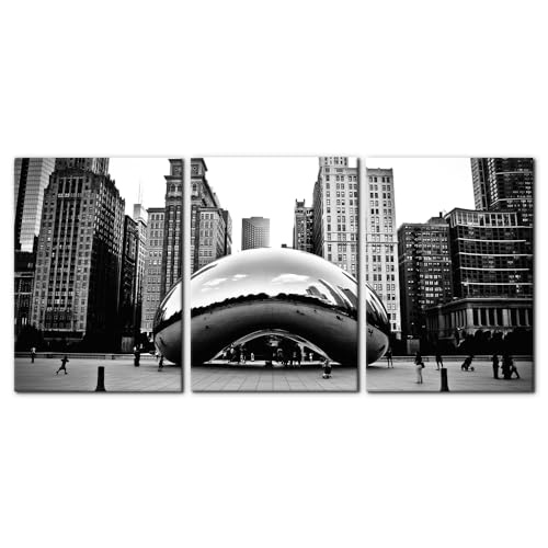 3 Pieces Black and White Wall Art - The Millennium Park in Downtown Chicago Photograph Picture Print on Canvas - Cloud Gate Canvas Wall Art for Modern Home Decor Ready to Hang - 20"x28"x3 Panel - color: Wallart-02, size: 20" x 28" x 3 Panels