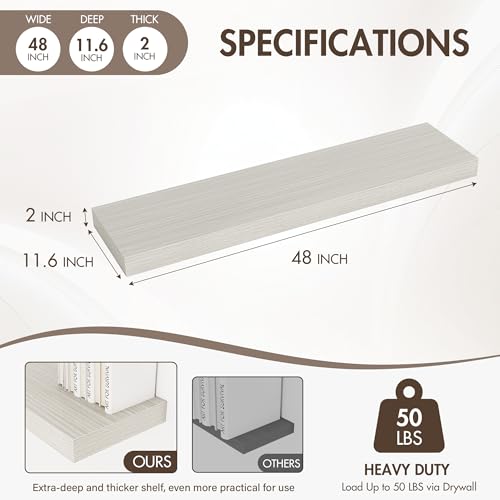 Acovy 48 Inch Floating Shelves, 12" Deep Floating Shelf Wall Mounted, 48" Wall Shelves, Rustic Deep Bookshelf, Extra Deeper & Thicker Display Shelves for Bedroom, Living Room, Set of 1 - color: Grey, size: 12"Wx48"L-1pc