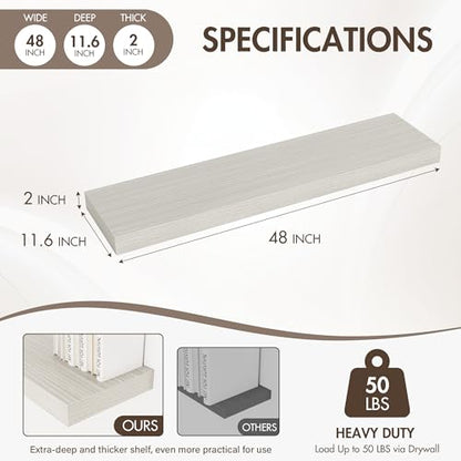 Acovy 48 Inch Floating Shelves, 12" Deep Floating Shelf Wall Mounted, 48" Wall Shelves, Rustic Deep Bookshelf, Extra Deeper & Thicker Display Shelves for Bedroom, Living Room, Set of 1 - color: Grey, size: 12"Wx48"L-1pc