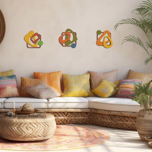 Pigort 3 Pcs Wooden Abstract Wall Art Mid Century Modern Wall Art 3D Modern Elegance Wall Decor Geometric Wall Decoration for Home Living Room Office 12.2x13inch