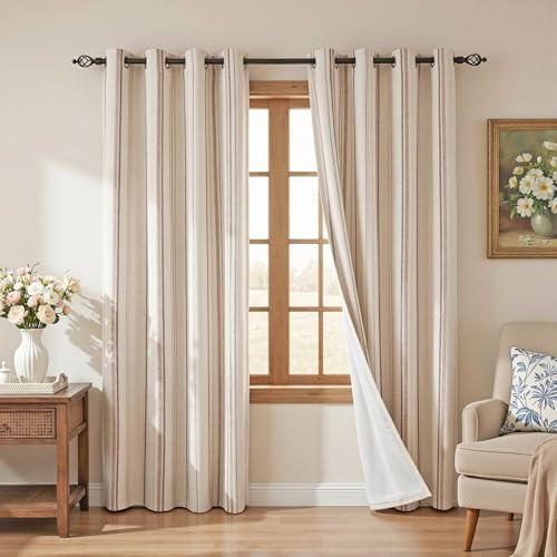 MYSKY HOME Farmhouse Striped Linen Curtains 100% Blackout 52Wx84L,2 Panels - color: Taupe/Blackout, size: 52"W x 84"L (Pack of 2)