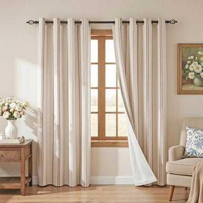 MYSKY HOME Farmhouse Striped Linen Curtains 100% Blackout 52Wx96L,2 Panels - color: Taupe/Blackout, size: 52"W x 96"L (Pack of 2)