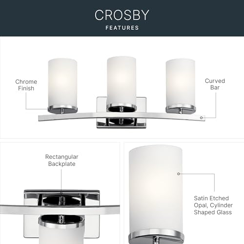 Kichler Crosby 3-Light Bathroom Vanity Light, Chrome - color: Chrome, size: 3 Light, style: Satin Etched Cased Opal Glass