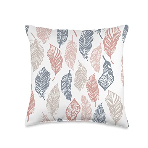 Boho Feathers Pattern Vintage Retro Style Throw Pillow - size: 16x16