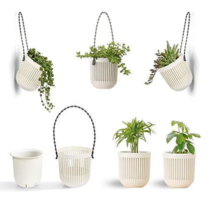 Melphoe 3.5‘’ Two-Piece Succulent Planters Pots with Drainage, Flexible Removable Handle, Flower Pots for Mini Plants, Small Hanging Planter for Wall, Window, 6 PCAK, White - color: White