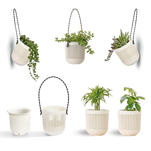 Melphoe 3.5‘’ Two-Piece Succulent Planters Pots with Drainage, Flexible Removable Handle, Flower Pots for Mini Plants, Small Hanging Planter for Wall, Window, 6 PCAK, White - color: White