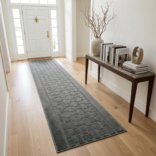 10 FT Long Non Slip Washable Runner Rug – 2'2" x 10' Custom Size Carpet Runner with Rubber Backing, Hallway Kitchen Bedroom Bathroom Floor Mat, Anthracite Dark Grey - color: Anthracite Labyrinth, size: 2'2" x 10' (Rectangular)