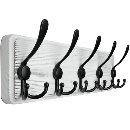 WEBI Coat Rack Wall Mount,Coat Hooks Wall Mounted,16" Hole to Hole,Coat Hanger Wall,Wood Hook Rack Rail,5 Triple Hooks for Hanging Coats,Jacket,Clothes,Farmhouse,Black/White - color: White, size: 5 Hooks