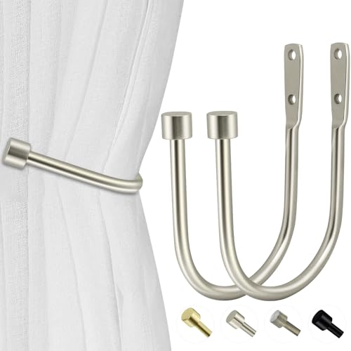 HIKMLK Minimalist Curtain Holdbacks 2pcs, 100% Cast Iron Solid Heavy Duty Metal Curtain Tieback Hooks Side Holders for Wall, Curtain Pull Backs for Drapes Window Home Decoration（Satin Nickel ） - color: Satin Nickel