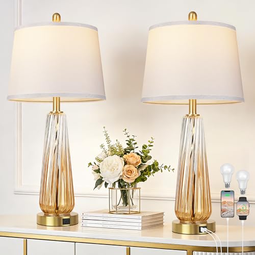 Glass Table Lamps Set of 2, Modern Bedside Lamps for Bedrooms with 3-Way Dimmable Touch Control Nightstand Lamp with White Lampshade USB A+C Ports, 27.5" Large Lamps for Living Room Decor, Champagne - color: Champagne
