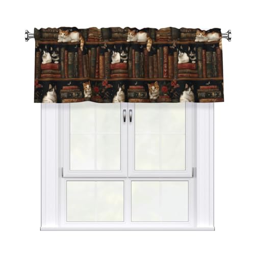 Bookshelf Cat Valances for Windows Rod Pocket Curtain Valance 1 Panel Short Curtains for Kitchen Bathroom Living Room Bedroom Window Treatments - color: Bookshelf Cat