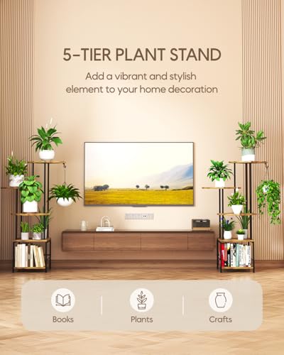 Homsorout Plant Stand Indoor - 5-Tier Metal Plant Shelf with Hanging Basket Hook, Corner Tall Flower Holder for Multiple Plants, Living Room Balcony Garden Patio, Rustic Brown - color: 5-Tiered Brown