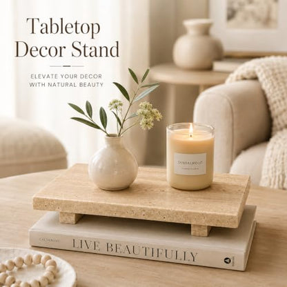 Travertine Pedestal Decorative Tray 13.8 x 6.7 in - color: Beige Travertine-13.8 in